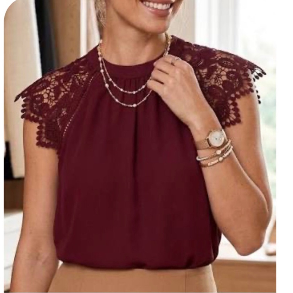Express Lace Cap Sleeve Blouse Top - Burgundy